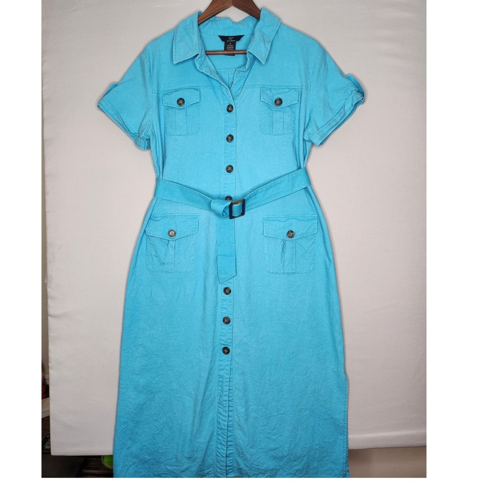 Lennie for Nina Leonard Button Front Belted Midi Shirt Dress 14 Blue Linen Blend
